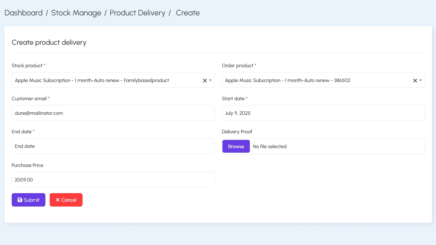 Create Product Delivery