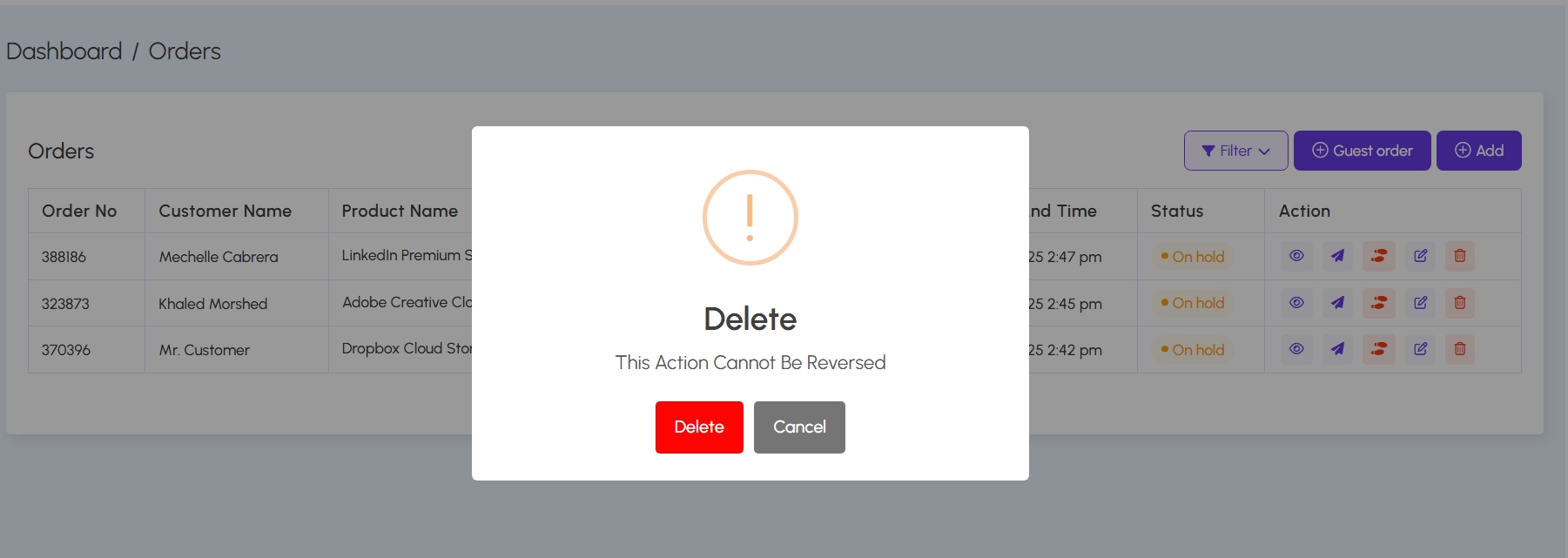 Delete Order Confirmation