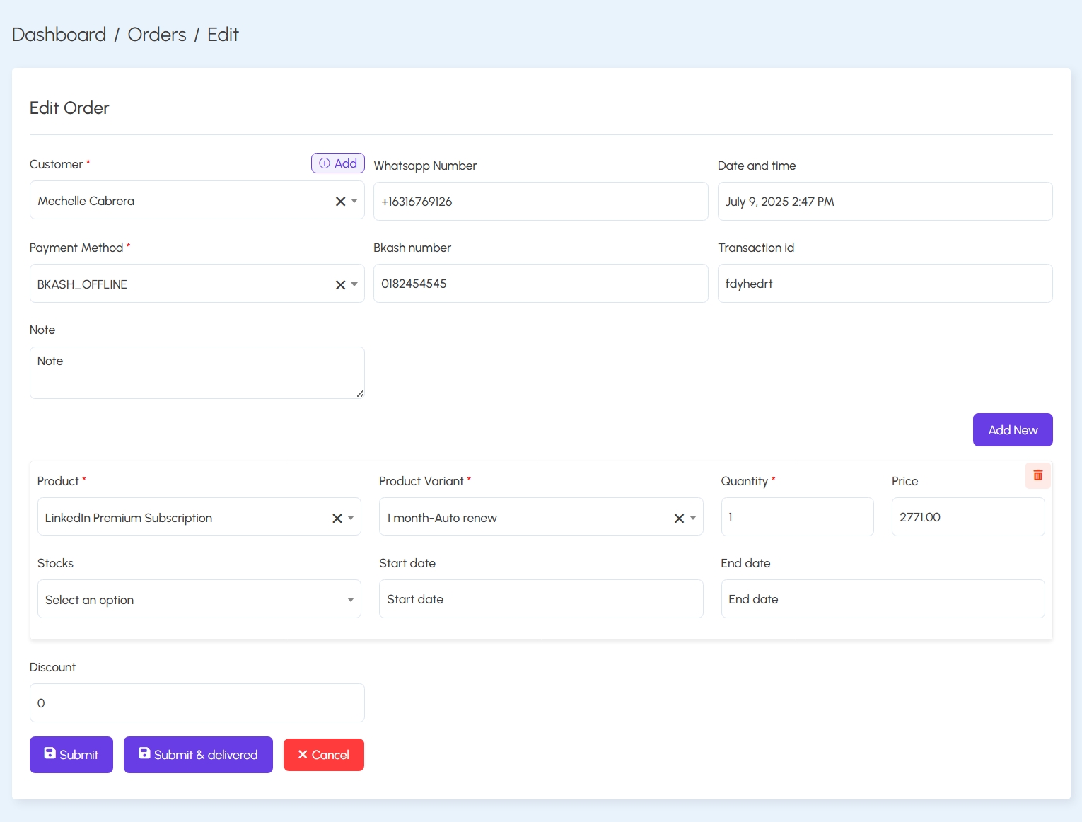 Edit Order Form