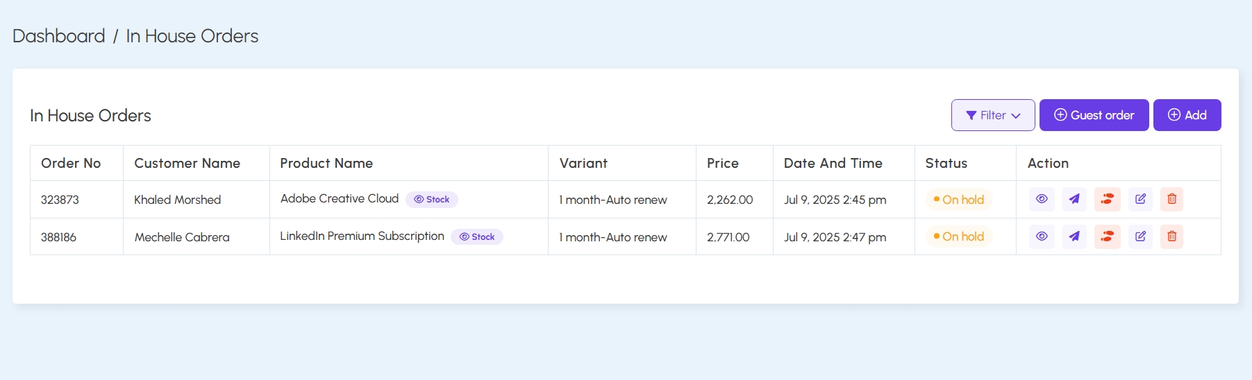 In-House Order Listing