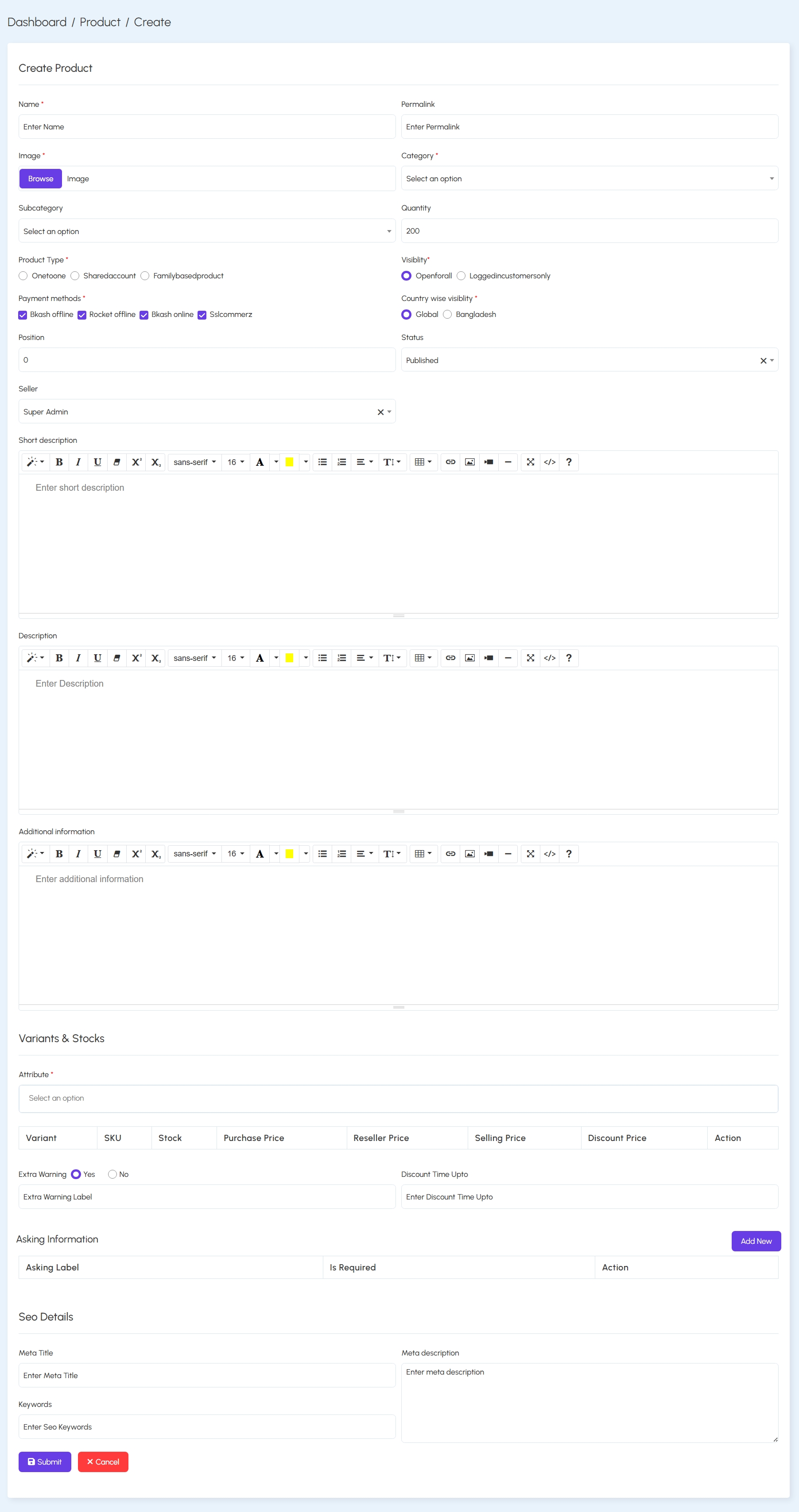 Create Product Form