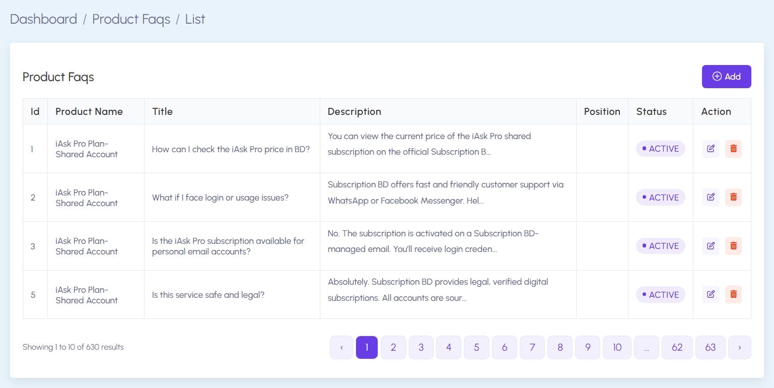 Product FAQ List