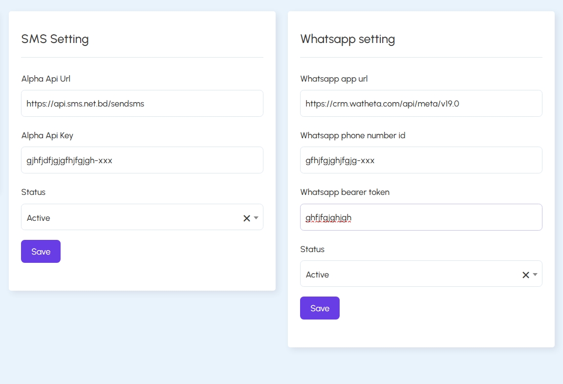 SMS and WhatsApp Settings