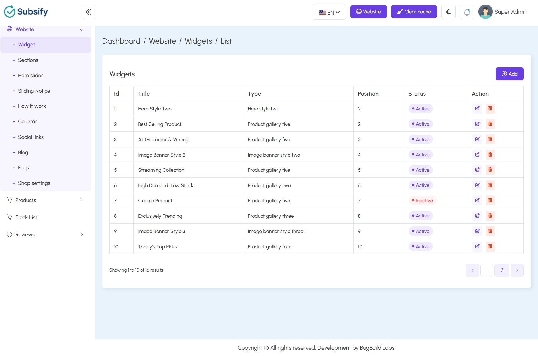 Widget List Page